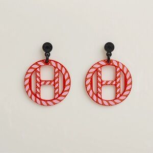 NWT HERMES Horn H EQUIPE NAUTIQUE PINK/RED DANGLE DROP EARRINGS